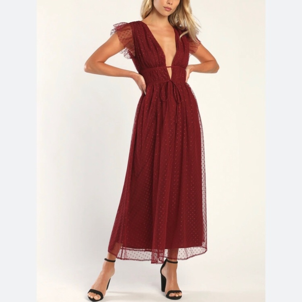 Lulu’s Dress Burgundy Red Swiss Dots Party XS NWT